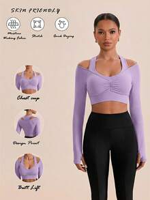 VARSIVA Solid Color Open Shoulder Fitted Cropped Sports T-Shirt - Mauve Purple - View 6