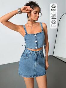 SHEIN Ensemble en jean pour femme, Top en jean et mini-jupe en jean bleu ciel - Bleu azur - Voir 1