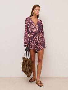 Nöista Mono de playa con ajuste oversize en colores marrones con efecto tie-dye, con lazo ajustable en la cintura. Mangas largas con elástico en los puños. Atuendo casual para vacaciones en la playa para mujeres, ropa de verano elegante para salidas, bodas, fiestas, festivales y vacaciones. - Marrón - Ver 3