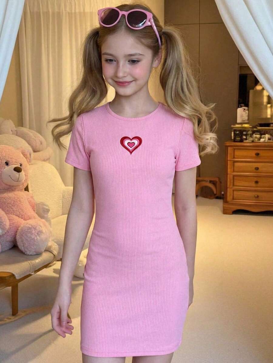 Emery Rose Kids 少女纯色针织休闲连衣裙 - 粉色 - 查看 1