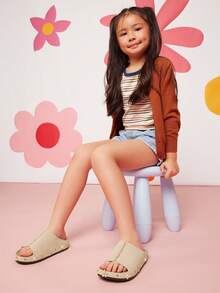 Mini mi #SweetBloom Kids' Side Flower Accents Sole Wide-Band Soft Footbed Nub Beige Slide Sandals– Cute, Comfy &Summer-Perfect - Beige - View 1