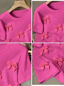 EMERY ROSE 大码女式圆领蝴蝶结装饰休闲百搭日常短袖T恤 - 玫紅色 - 查看 3