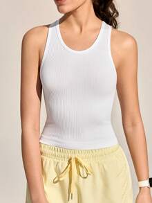 Exploreva 女士户外瑜伽运动背心；罗纹露背休闲透气健身背心 - 白色 - 查看 3