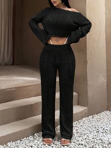 EURMUSE Lacy Knit Crop Top And High-Waisted Trousers Cover Up Comfy - Black - View 3