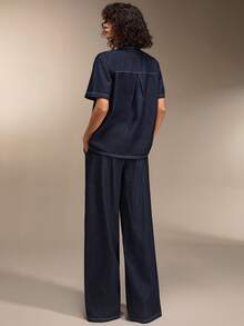 SHEIN Cool Fabric Woman Denim Set V Neck Short Sleeve Top And Loose Fit Jean Pant Set - Dark Wash - View 2