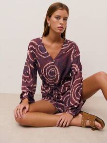 Nöista Mono de playa con ajuste oversize en colores marrones con efecto tie-dye, con lazo ajustable en la cintura. Mangas largas con elástico en los puños. Atuendo casual para vacaciones en la playa para mujeres, ropa de verano elegante para salidas, bodas, fiestas, festivales y vacaciones. - Marrón - Ver 5