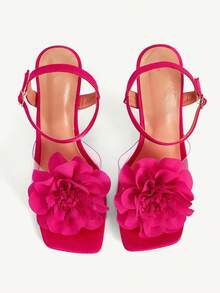 CUCCOO CHICEST Sandálias femininas elegantes de salto alto com bico quadrado, decoração floral 3D e fivela. - Rosa Quente - Ver 2