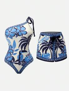 Swim Oasis Bộ đồ bơi liền thân kèm váy in họa tiết hoa và chim nhiệt đới dành cho nữ, kiểu cổ yếm, thích hợp cho kỳ nghỉ biển. - Xanh và trắng - Xem 4