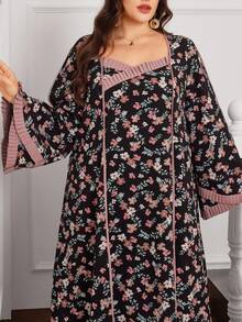 Al Najma Casual Allover Print Pleated Decor Sweetheart Neck Long Sleeve Loose Regular Maxi Dress For Plus Size Women, Spring/Autumn - Multicolor - View 1