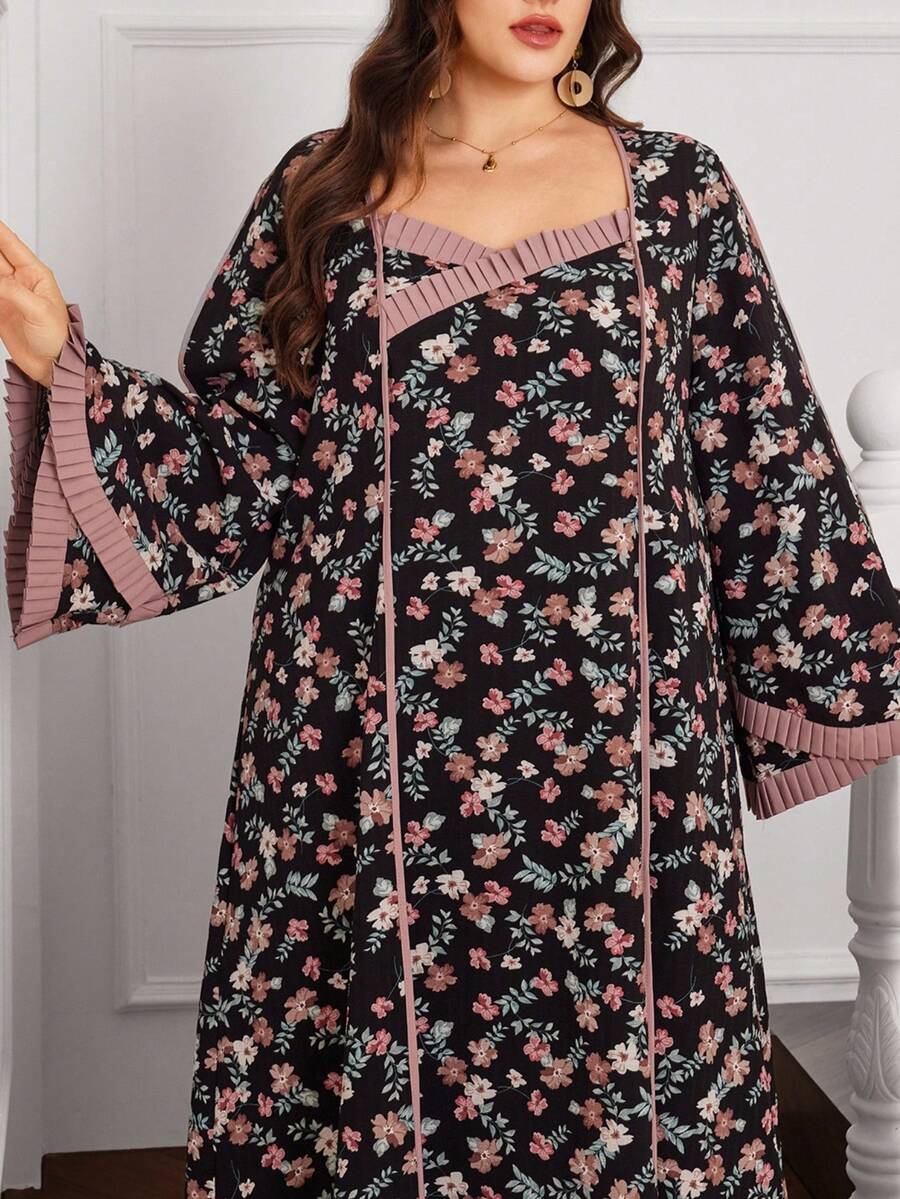 Al Najma Casual Allover Print Pleated Decor Sweetheart Neck Long Sleeve Loose Regular Maxi Dress For Plus Size Women, Spring/Autumn - Multicolor - View 1
