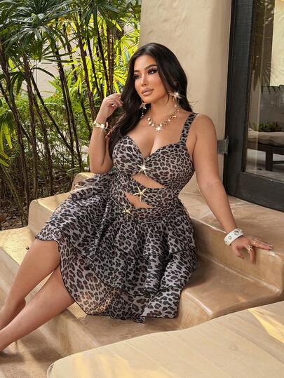 NU&NOW 大码A字豹纹吊带沙滩裙