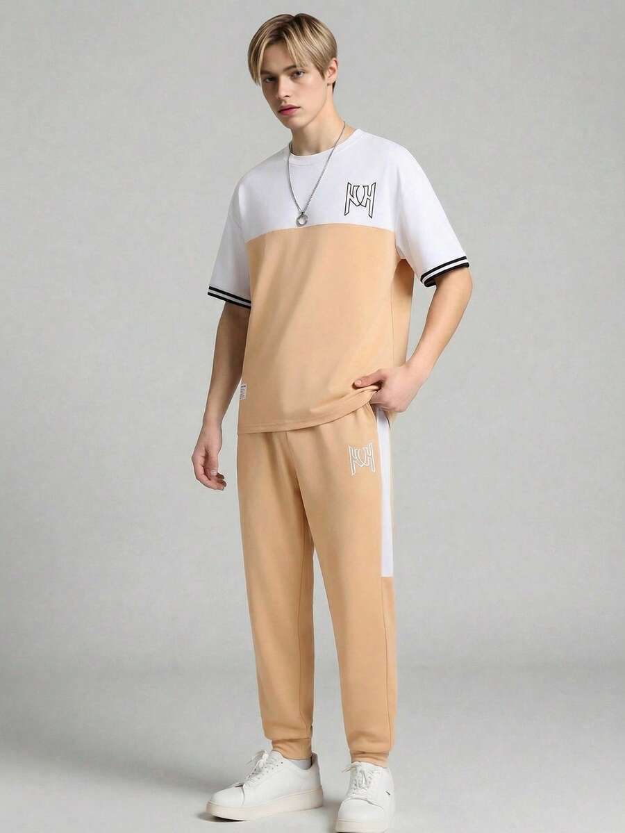 2件套青少年男童休闲撞色拼布字母印花T恤和运动裤套装 - 卡其色 - 查看 1