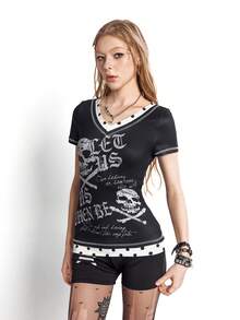 Bloopia Áo thun nữ tay ngắn dệt kim cổ chữ V phong cách vintage punk phối nhiều mảnh, kiểu dáng 2 trong 1, thời trang và đa năng. - Đen và trắng - Xem 3