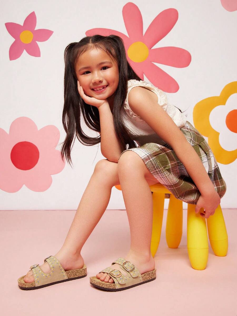 Mini mi #LittleBloom Kids Floral Stitch Dual-Buckle Comfy Footbed Nub Taupe Slides – Beachy, Soft & Summer-Fun. - Beige - View 1