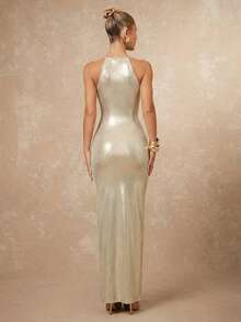 MSLumalex Vestido ajustado con cuello redondo fruncido, decoración de metal cruzada para mujer, lujoso, de nueva apariencia, de lujo tranquilo, para f - Albaricoque - Ver 2