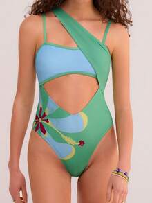 Athîral Áo tắm liền thân bất đối xứng in họa tiết dành cho nữ, kiểu dáng thường ngày. - Nhiều màu - Xem 6