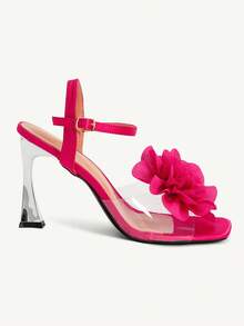 CUCCOO CHICEST Sandálias femininas elegantes de salto alto com bico quadrado, decoração floral 3D e fivela. - Rosa Quente - Ver 3