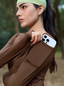 SHEIN In My Nature Women's Outdoor Long Sleeve Thumb Hole Slimming Coffee Brown T-Shirt - Brown - View 1