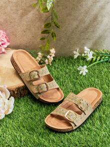 Mini mi #LittleBloom Kids Floral Stitch Dual-Buckle Comfy Footbed Nub Taupe Slides – Beachy, Soft & Summer-Fun. - Beige - View 3