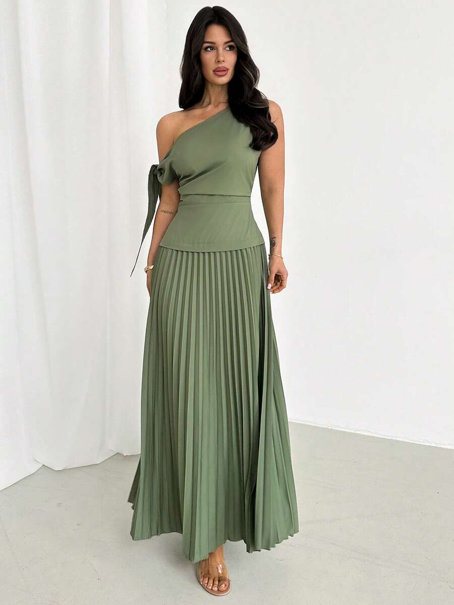 Firerie 女士新款绿色不对称肩部系带连衣裙