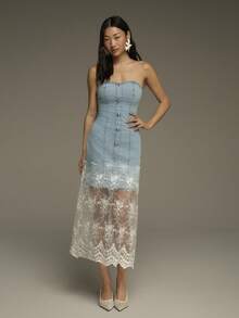 COSMINA Denim Women's Elegant Sleeveless Lace Patchwork Midi Denim Dress, Suitable For Early Spring,  Baby Blue Dress Women Elegant,  Blue Lace Dress,  Powder Blue Dress Women,  Pastel Blue Dress , Crotchet Dresses For Women - Light Wash - View 4