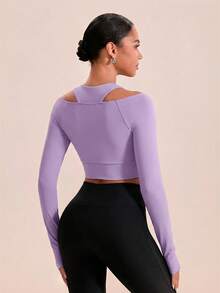 VARSIVA Solid Color Open Shoulder Fitted Cropped Sports T-Shirt - Mauve Purple - View 2