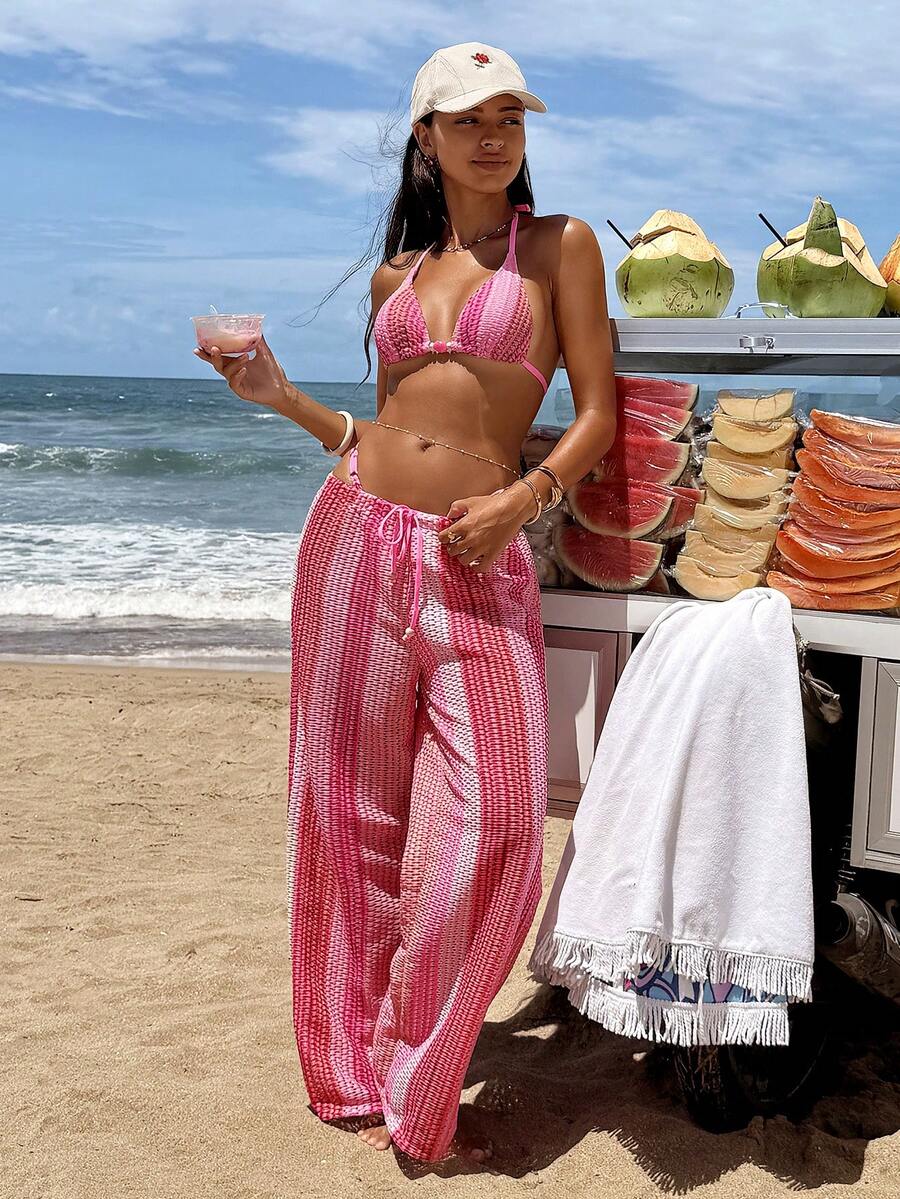 Swim Vcay 女士比基尼套装，休闲度假两件式泳衣，挂脖系带优雅泳装，夏季沙滩装 - 藕粉色 - 查看 1