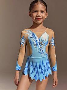 Áo liền quần thể dục dụng cụ cổ tròn màu xanh dương cho bé gái, áo liền quần thể dục dụng cụ tay dài màu xanh dương và trắng cơ bản, cổ tròn đính đá, chất liệu vải dệt kim co giãn, trang phục tập luyện thoải mái. - màu đen - Xem 4