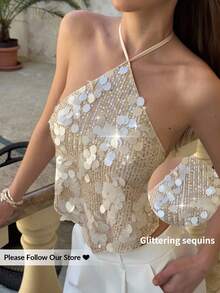 Aloruh Women's Sexy Sequin Backless Halter Top, Summer Beach Vacation Boho Tropical Vacation Concert Rave Festival Country Concert Ibiza Nashville Western Wear Women Western Boho Streetwear Tropical Gyaru Western Wear Women Western Gyaru Cute Summer Tops - White - View 2