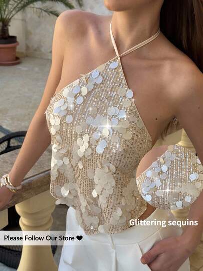 Aloruh Women's Sexy Sequin Backless Halter Top, Summer Summer Summer Outfits Summer Clothes Beach Outfits For Woman Beach Vacation Vacation Outfits Woman Boho Tropical Vacation Woman Clothe Concert Outfit Women Rave Outfits Festival Country Concert Outfit Ibiza Outfits Nashville Outfits Western Wear Women Western Boho Streetwear Tropical Gyaru Western Wear Women Western Gyaru Cute Summer Tops