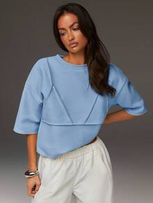 Athîral 女士休闲纯色圆领落肩T恤，夏季 - 淺藍色 - 查看 2