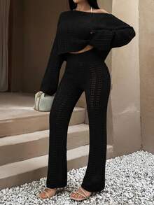 EURMUSE Lacy Knit Crop Top And High-Waisted Trousers Cover Up Comfy - Black - View 4