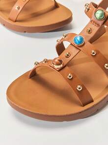 Mini mi #BohoGem Kinder Premium veganes Leder Tan Slingback Flach Sandalen mit Nieten und Steinen - Sicher, Stilvoll & Bequem - Kastanienbraun - Übersicht 7