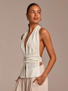 COSMINA Deep V-Neck Halter Top,White Summer Elegant Vacation Top,Waist Ruched Detail,Metal Buckle Accent,Open Back Design,Striped Texture Fabric,Apricot - Apricot - View 6