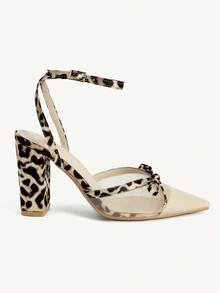 CUCCOO CHICEST 女士新款豹纹拼接粗跟蝴蝶结后跟带气质高跟凉鞋 - 杏拼豹紋 - 查看 3