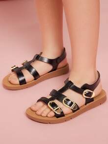 Mini mi #ModernRoman 儿童三扣优质纯素皮革黑色T字带平底凉鞋 – 安全、时尚、舒适 - 黑色 - 查看 2