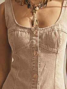 Aralina Button Front Bodycon Square Neck Indigo Denim Mini Women Vacation Outfits Summer Dress - Coffee - View 9