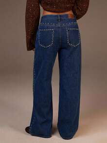 Athîral Women's Rivet Pocket Straight Loose Casual Versatile Jeans - Navy Blue - View 2