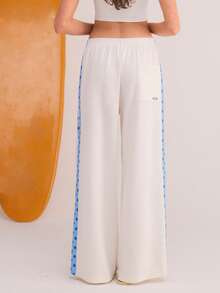 Athîral Women's Casual Vacation Polka Dot & Striped Print Knit White Wide Leg Pants - White - View 6