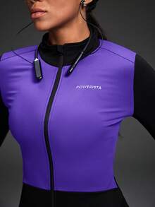 Powerista Women's Letter Print Contrast Color Long Sleeve Cycling Jersey,Black&Purple Breathable Mountain Bike MTB Road Cycle Jacket With 3 Pockets - Purple - View 2