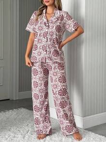 SHEIN Knopfdetaillierter, lässiger, mehrfarbiger, süßer Blumenmuster-detaillierter, entspannter Pyjama-Loungewear-Set - Verschiedenfarbig - Übersicht 7