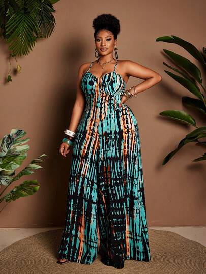 Maweii Plus Size Women's Woven Printed Spaghetti Strap Sexy Jumpsuit