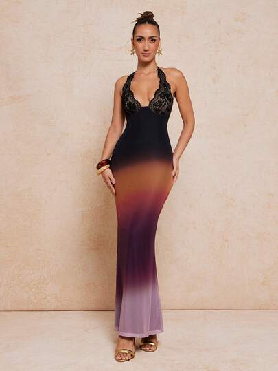 Lumalex Spring Women's Elegant And Sexy Vacation-Style Long Dress With Lace Trim, Mesh Gradient Print, Halter Neck, Backless, And Fishtail Hem. Outing Swimsuit Swimwear Swim Cover-Up Bikini Set Summer Swimsuit Swimwear Swim Vacation Easter Bohemian BOHO Sea Beach Hot Outdoor Richly Layered Wedding Season Banquet Coming Of Age Ceremony Beach Seaside Women's Extra Long Casual Dress, Fashionable For Summer