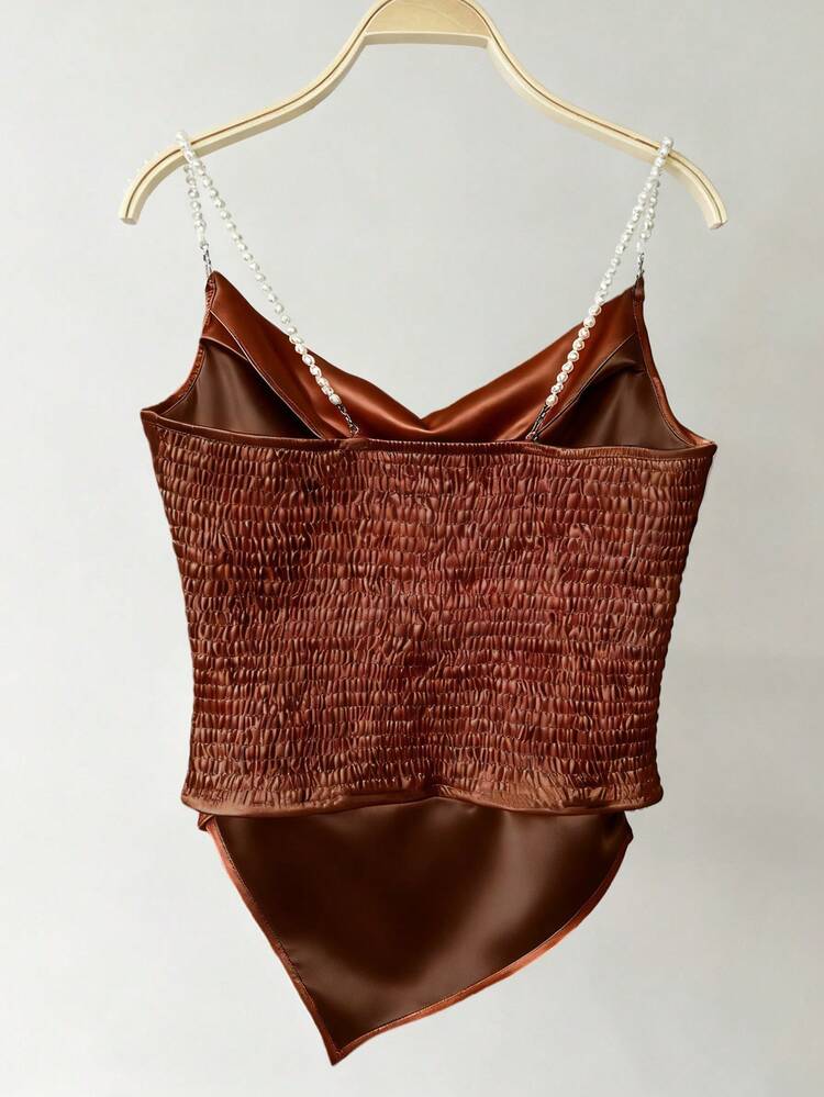 Franclia 女士优雅时尚通勤百搭珍珠装饰缎面亮面不对称吊带背心，春秋季 - 棕色 - 查看 2