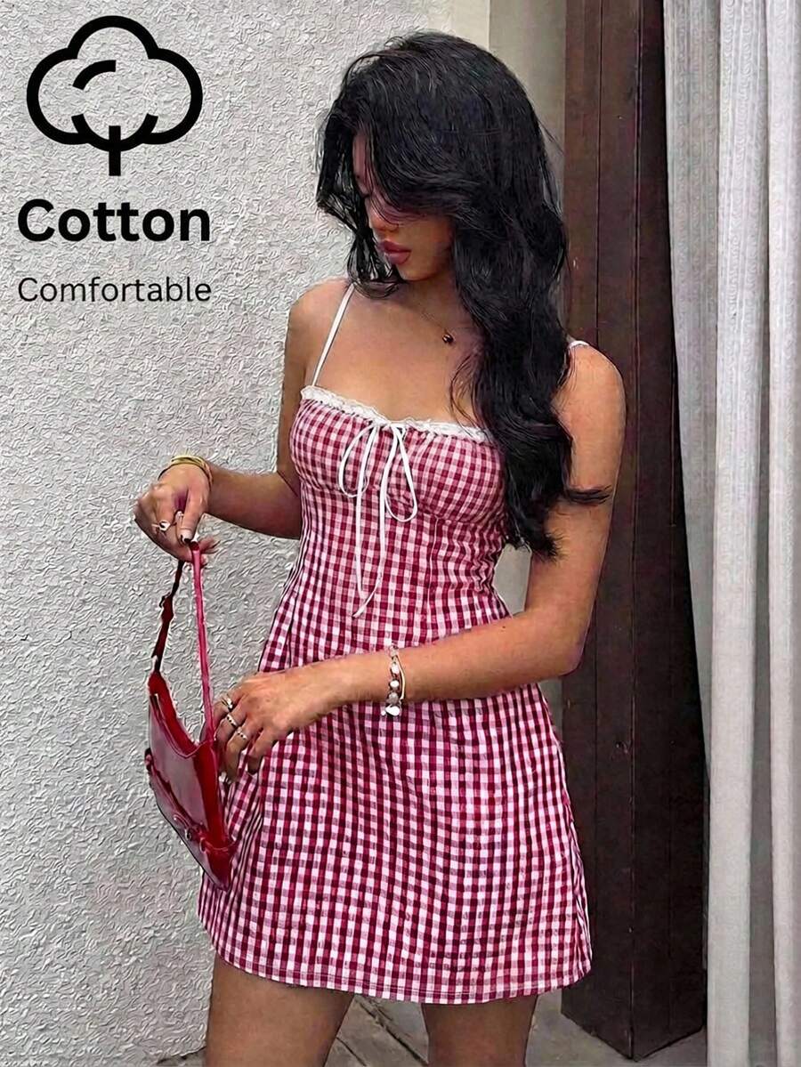 Aloruh Women's Cotton Red & White Plaid Camisole Bodycon Mini A-Line Lace Trim Dress - Red - View 1