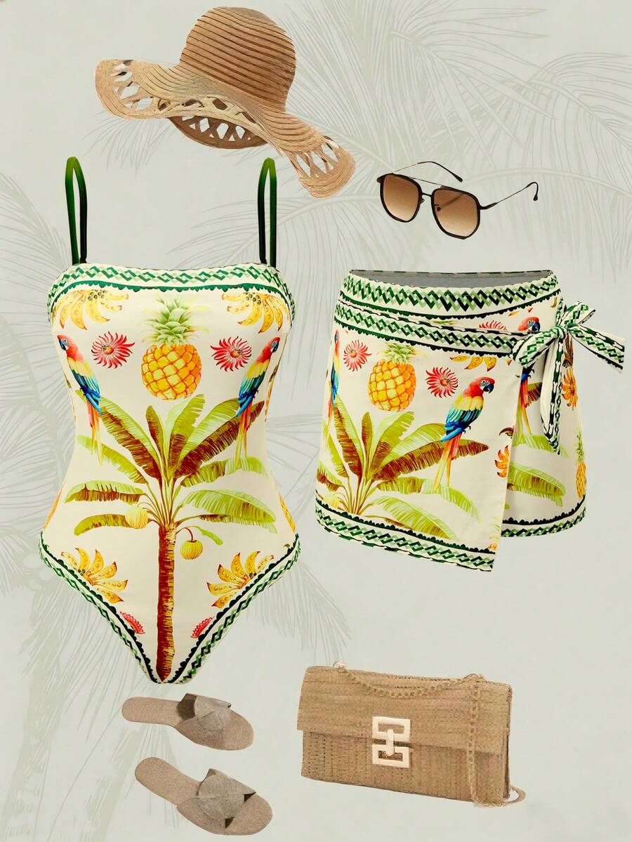 Swim Oasis Bộ đồ bơi liền thân in hình cây dừa nhiệt đới màu xanh dương và trắng dành cho nữ, kiểu dáng thanh lịch, thoải mái, thích hợp cho kỳ nghỉ biển. - Nhiều màu - Xem 1