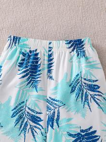 SHEIN Playful Pals 2件套男童休闲树叶印花圆领短袖短裤套装，夏季 - 薄荷綠 - 查看 6