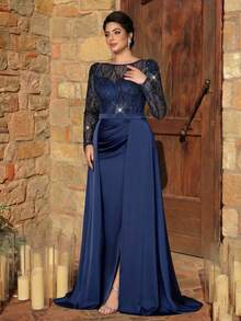 Serin Váy voan dệt kim satin co giãn tay xẻ, đính cườm và sequin sang trọng cỡ lớn, thích hợp cho đám cưới, tiệc tùng, kỳ nghỉ, vũ hội, cô dâu, mẹ, khách - Màu xanh hải quân - Xem 2