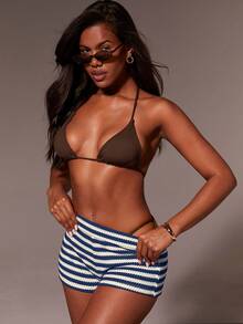 Athîral 女士条纹修身休闲短裤 - 藍色 - 查看 3