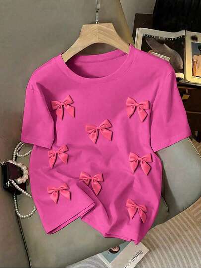 EMERY ROSE Camiseta de manga corta de uso diario versátil y casual con cuello redondo y decoración de lazo para mujer de talla grande